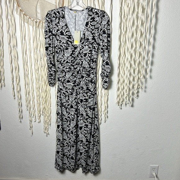 Boden NWT Ruched Jersey Midi Dress in Black and Ivory Tulip Vine Size US2P - Picture 5 of 15